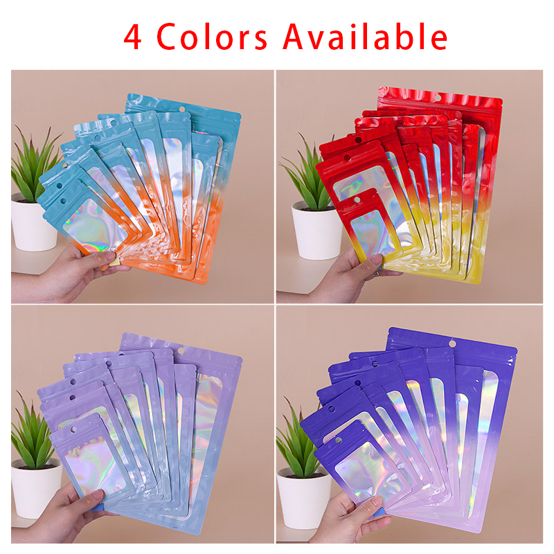 Food Snack - Tas Ritsleting Persegi Warna Holografik, Kantong